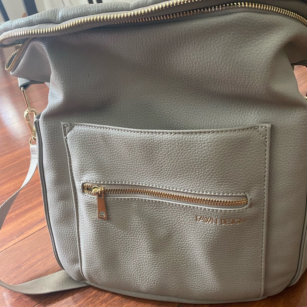 Fawn Design Baby Bag in Taupe Gray with Gold Hardware